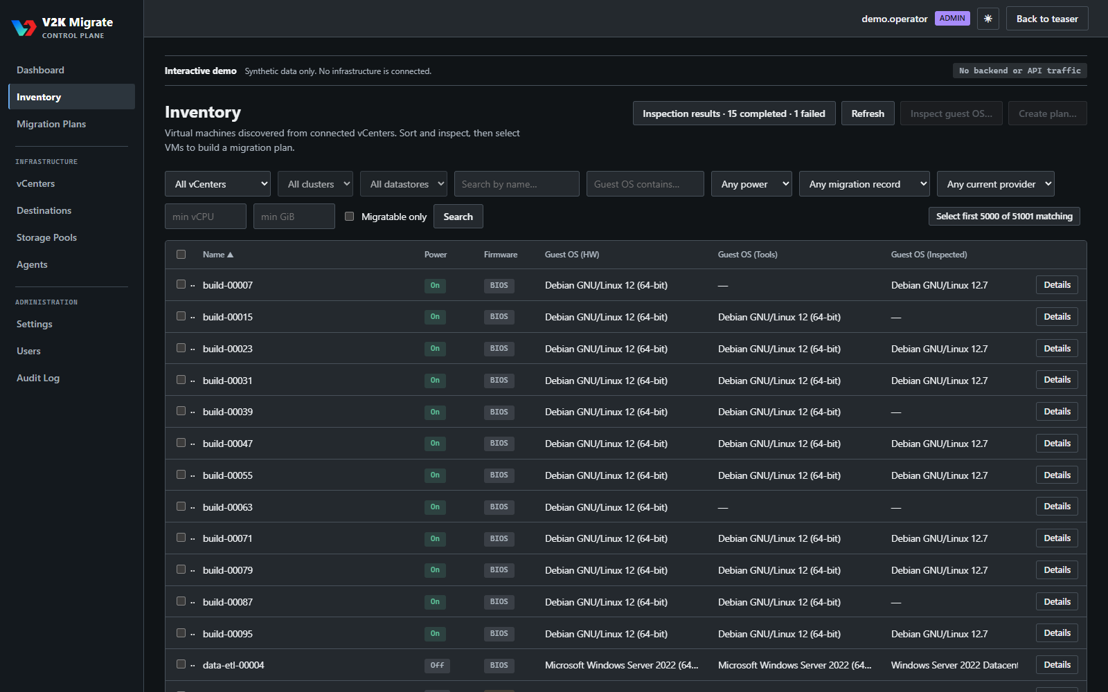 V2K Migrate inventory showing 51,001 visible virtual machines in a synthetic dataset